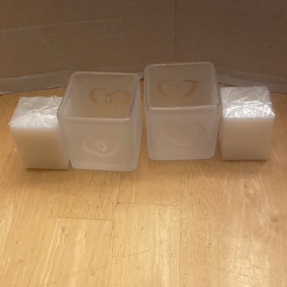 Set of 4-2 new frosted white glass candle holders & 2 new white candles as shown - Picture 5 of 8